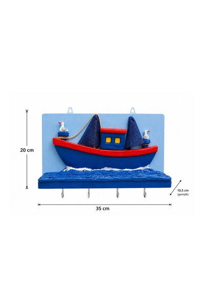 Melike "nin Atölyesi El Yapımı Marin Temalı Tekne Figürlü Duvar Askılığı - MDF Üzeri Taş Tozu Dekor Dekoratif Anahtarlık ve Havluluk (35x20 cm) Özgün Tasarım El Yapımı Anahtar Askılığı