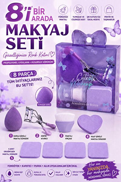 MAKRİ HOME 8 Parça Mor Makyaj Süngeri, Fırçası ve Kirpik Kıvırıcı Seti
