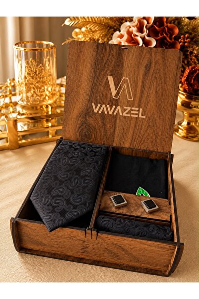vavazel Premium Ahşap Kutulu Erkek Kravat Seti – 7.5 cm Klasik Siyah Şal Dese...