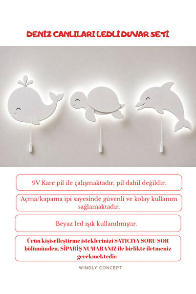 Windly Concept Deniz Hayvanları LED Duvar Lambası 3’lü Set (Balina Kaplumbağa...