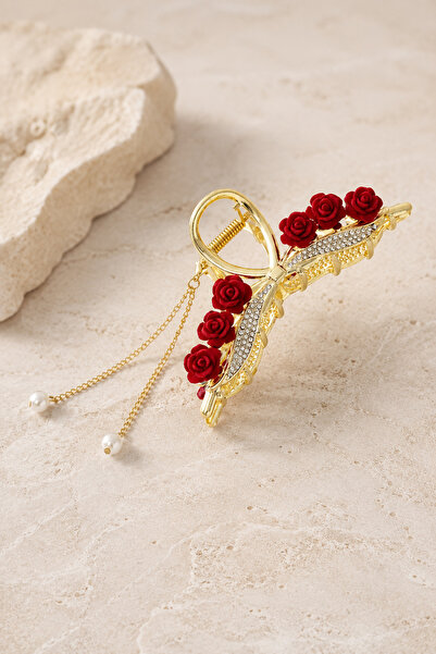 TREND COLLECTİON Special Design Vip Gold Metal Latch Buckle with Red Rose and Pearl Detail