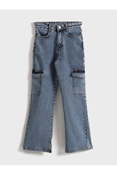 LC Waikiki Nevavm Girls' Cargo Jean Pants with Adjustable Waist and Elastic Band