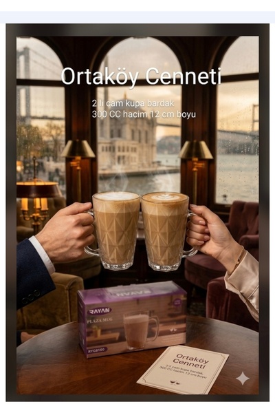ORTAKÖYCENNETİ 2 li Cam Kupa bardak Latte Bardağı 300 cc hacım 12 cm boyu pla...