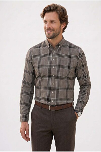 Tudors Men's Regular Fit Classic Cut Button Lapel Small Checkered Cotton Shirt