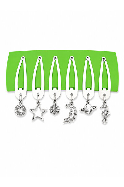 DEEFWEAR Set of 6 Charm Detailed Metal Snap Clips Silver Color Y2K Hair Acces...