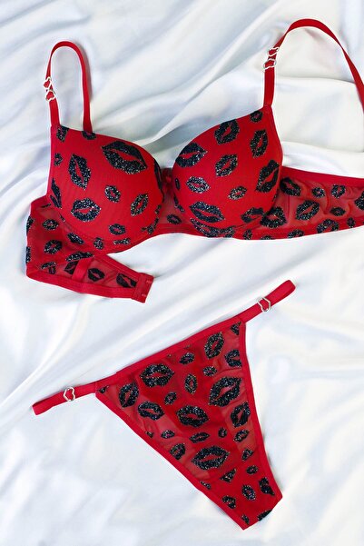 DNR İç Giyim Kiss Patterned Supportive Bra Set Red