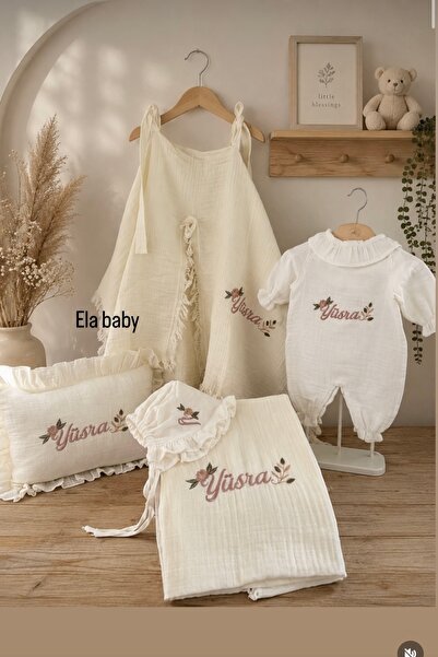 Ela baby Kişiye Özel İsim Nakışlı Müslin Yenidoğan Hastane Çıkışı ve Bebek Se...