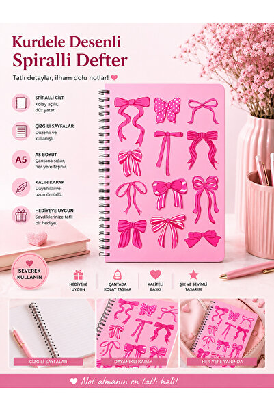 Panda A5 Yandan Spiralli Defter 80 Yaprak Çizgili Pembe Kurdele Desenli Kalın...