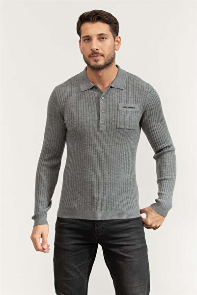 Karl Lagerfeld Knit Polo Ls Erkek Polo Yaka Triko Gri