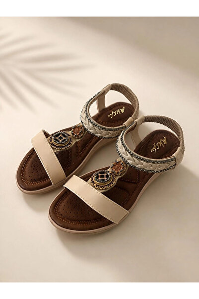 Mergenshoes Akç A23 Bej Günlük Taşlı Kadın Sandalet Ayakkabı
