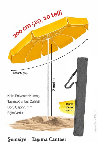Düvenci Sarı Renkli 200 cm Çap ve 10 Telli Plaj Şemsiyesi + Şemsiye Kılıfı, B...