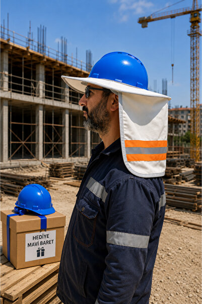Hunsafety Baret Güneşliği Gri (Krem) + Mavi Baret (Standart) Hediyeli