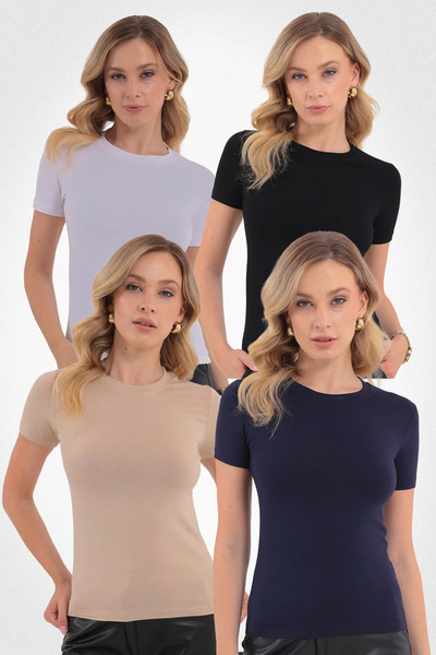 Yade Fashion Kısa Kol Bisiklet Yaka Bluz 4'lü Set