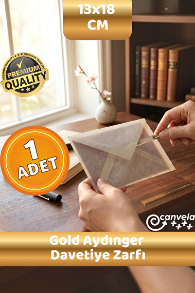 CANVELA Premium Gold Aydınger Zarf 13x18 Cm Şeffaf Zarf Transparan Zarf Düğün...