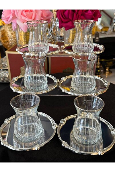 LOKMAN ZÜCCACİYE SHOWROOM 12 Piece Silver Color Striped Pattern Tea Cup Set f...