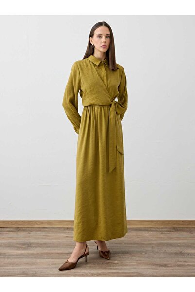 Refka Side Tie Detail Shirt Collar Hijab Dress - Olive Green - - Exclusive