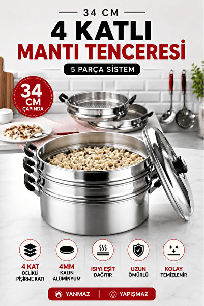 Jenisa Buharlı Mantı Tenceresi 34 cm 4 Katlı – Özbek Mantısı, Kazak Mantısı v...