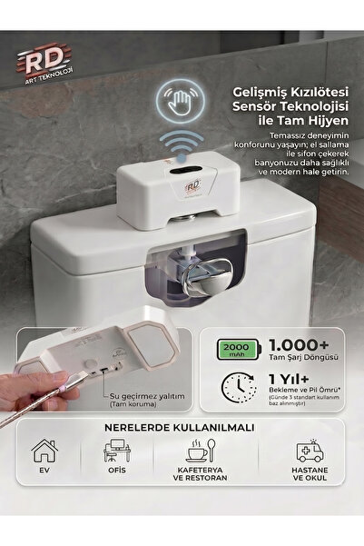 RD ART TEKNOLOJİ Sensörlü Otomatik Tuvalet Sifonu Fotoselli Temassız Klozet R...