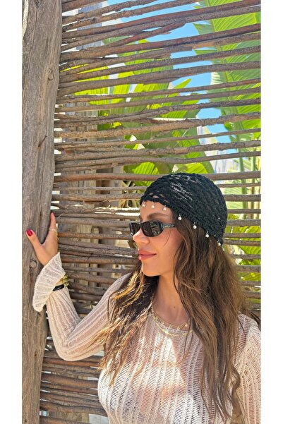 ATELİER TUĞBA Kep002 Hand Knitted Pearl-Detail Fishnet Cap Hat