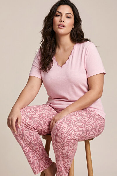 Siyah İnci Pink Patterned Large Size Oversized Viscose Knitted Pajama Set