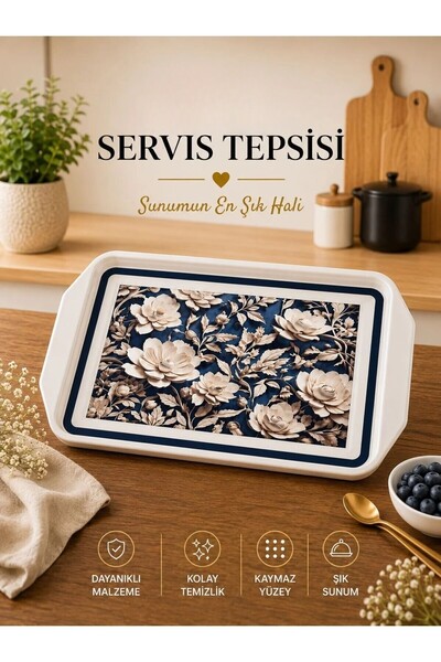 Galeriyo Beyaz Çiçek Desenli Servis Tepsisi kare