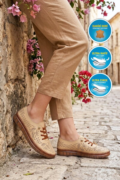 AYAKMOD Beige Genuine Leather Anatomical Women's Casual Shoes 2025 Z