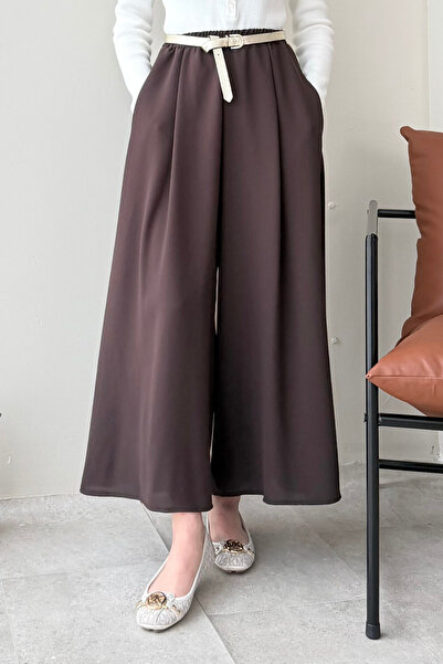 Tesettür Diyarı Relax Suzana Fabric Skirted Trousers with Elastic Waist - Brown