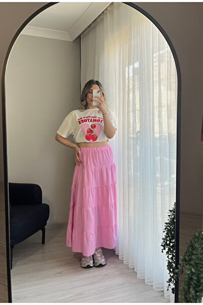 SOUR Fırfırlı A Kesim Maxi Boy Pembe Etek