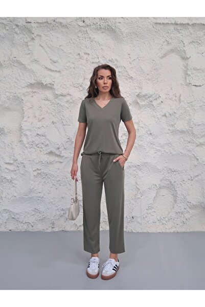 Paw Garage Set de pantaloni și tricou cu decolteu în V din țesătură modal Ave...