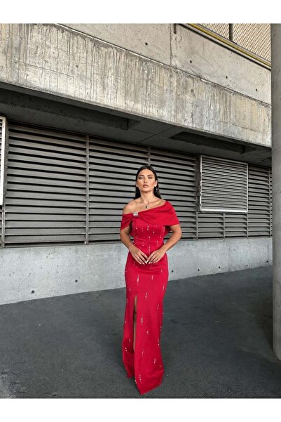 Modafeminen Rochie lungă de seară, roșie, din țesătură elastică, cu fundă și ...