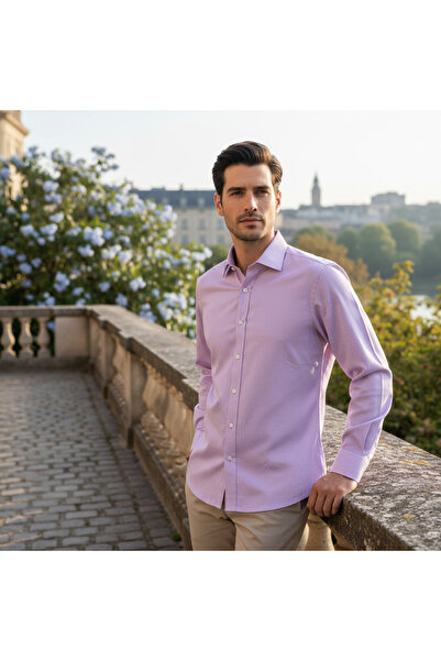 DKS Men's Slim Fit Lilac Long Sleeve Button Down Shirt