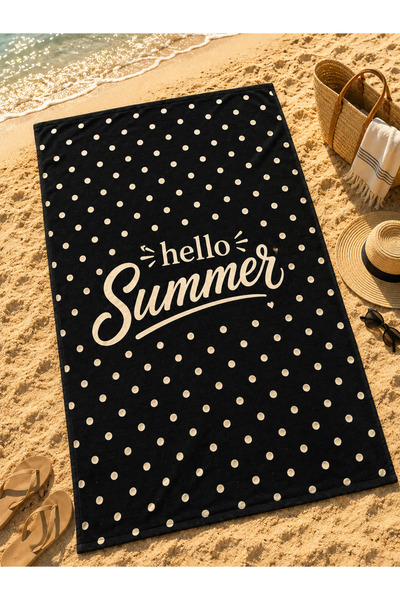 Piloji Hello Summer Siyah Puantiyeli Plaj Havlusu Büyük Boy Yazlık Deniz Havl...