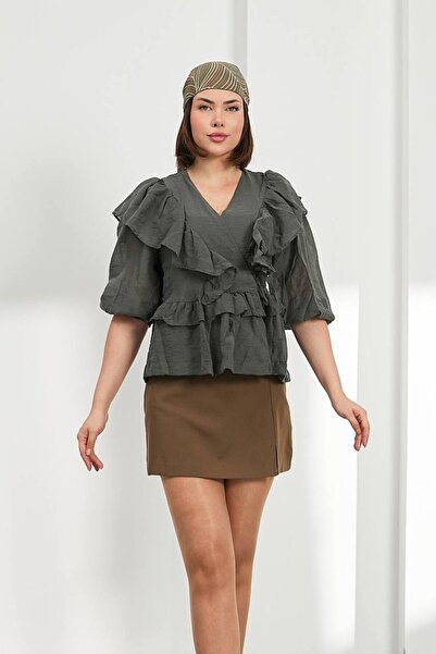 Bleu Petite Ruffled Blouse with Side Tie Detail