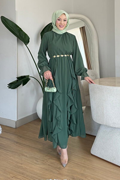 Tesettür Diyarı Rosella Korean Chiffon Fabric Lined Hijab Dress - Green