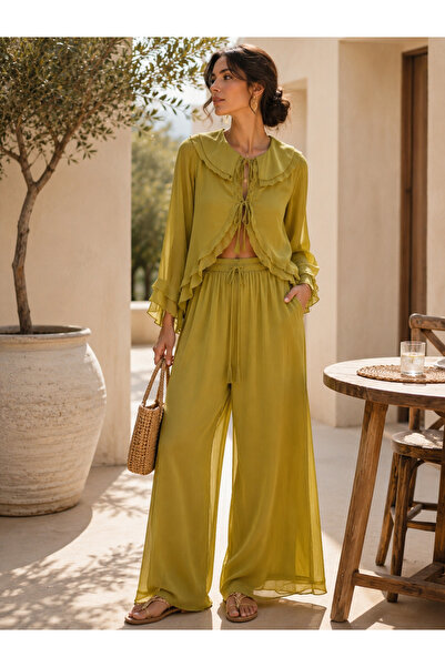 Maldia Shop Flounced Chiffon Oil Green Trouser Suit