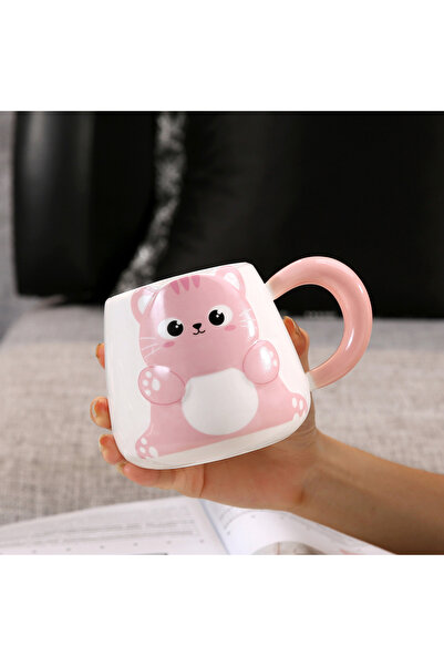 Livava Ceramic Mug with Cute Cat Design Embossed Gift- Pink