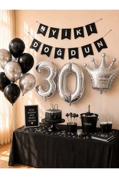 Parti Adresi 30 Yaş Balon Seti Doğum Günü Parti Seti Siyah Gümüş
