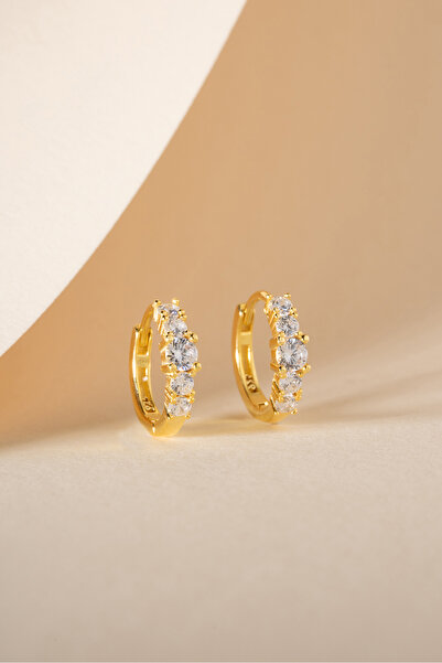 Nereze 925 Ayar Gümüş Gold Kaplama 5 Taşlı 15 mm Halka Küpe