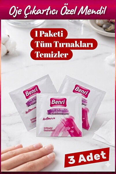 Benri Oje Çıkarıcı Asetonsuz 3 Adet Mendil - E Vitaminli Nemlendicili