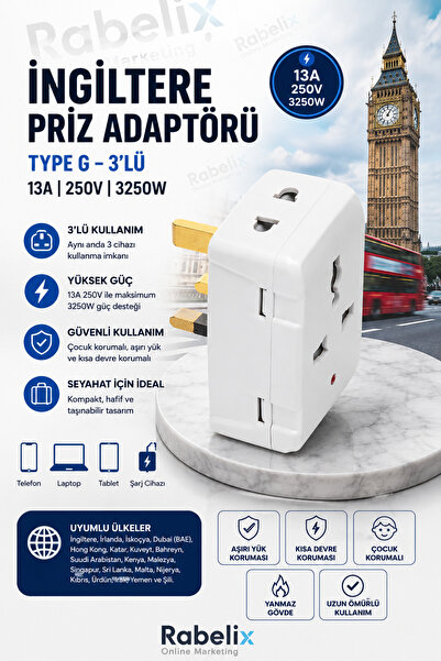 Rabelix Online Marketing İngiltere Priz Adaptörü Type G 3'lü 13A 250V 3250W U...