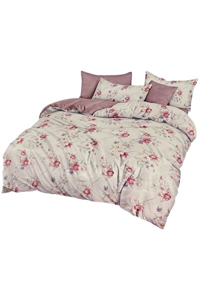 OEM Set lenjerie de pat dublu, bumbac fin, 6 piese, alb cu model floral roz ș...