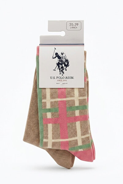 U.S. Polo Assn. Συσκευασία 2 τεμαχίων Μπεζ Ροζ Πράσινες Καρό Βαμβακερές Κάλτσ...