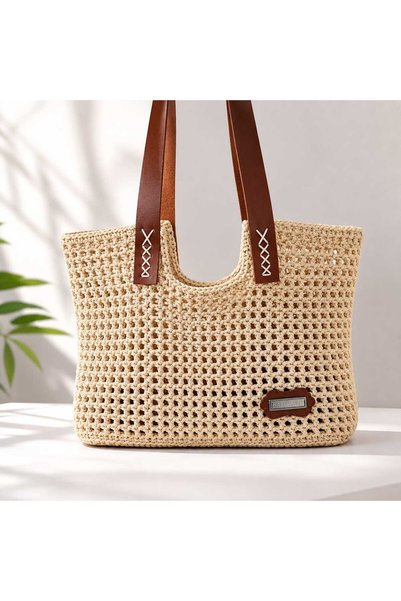 Stelo Forte Straw Weave Beach Bag Handmade Mesh Knitted Shoulder Bag