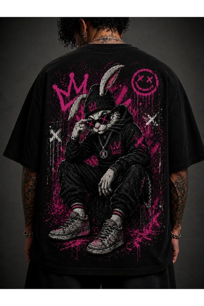 Vanteon Erkek Siyah Oversize Sırt Baskılı Streetwear Tişört – Rabbit
