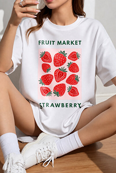 Velostra Women's Fruit Market Strawberry Printed Oversize Crew Neck Cotton Ca...