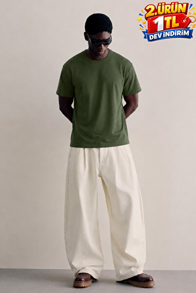 DAMGA JEANS Men's Regular Crew Neck Cotton Basic Khaki T-Shirt