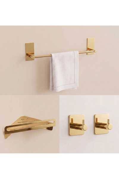 Staal Parlak Gold 4'lü Banyo Seti Havlu Askısı Bornozluk Köşe Duş Rafı Yapışt...