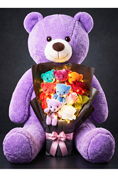 Linalux Gifts 90cm Mor Büyük Peluş Ayıcık Işıklı Renkli Güllü Ayıcık Buketiyl...