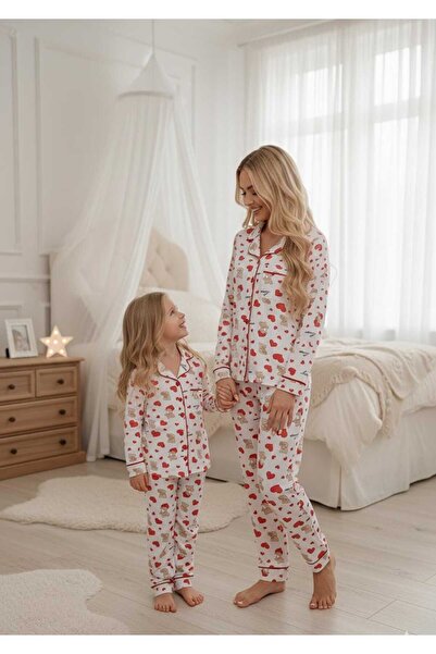 Amur Anne kız Kalp Baskılı %100Pamuk pijama Takımı (BirBeden büyük tercihediniz)