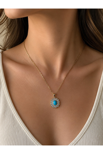 Pel Design Turquoise Turquoise Stone Zircon Steel Necklace Handmade